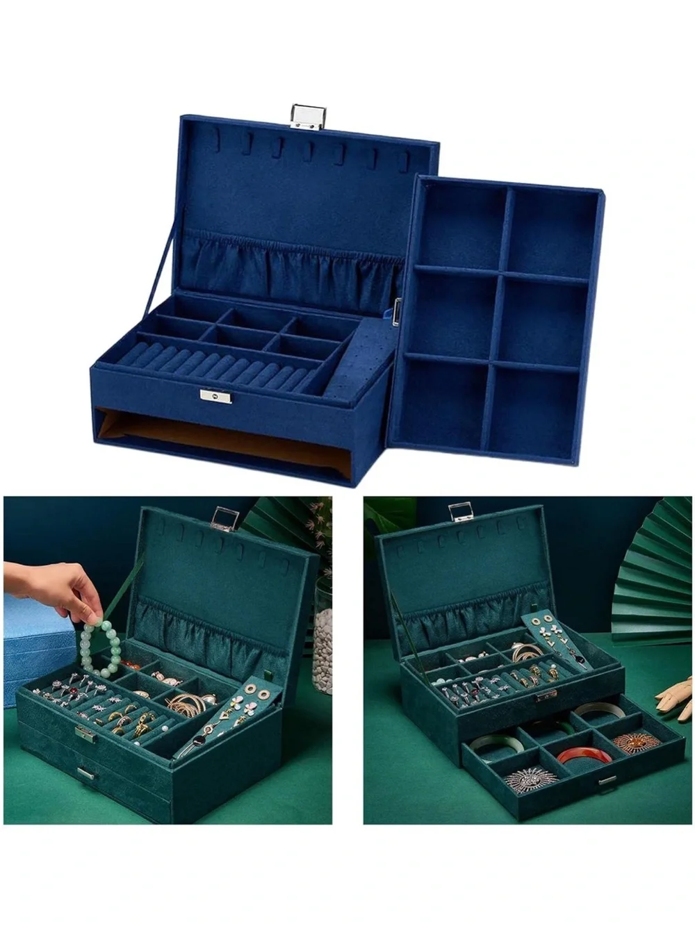🟡3/$15 DEAL! Blue Velvet Jewelry Organizer Box - 10.63x7.48x4.33 inch